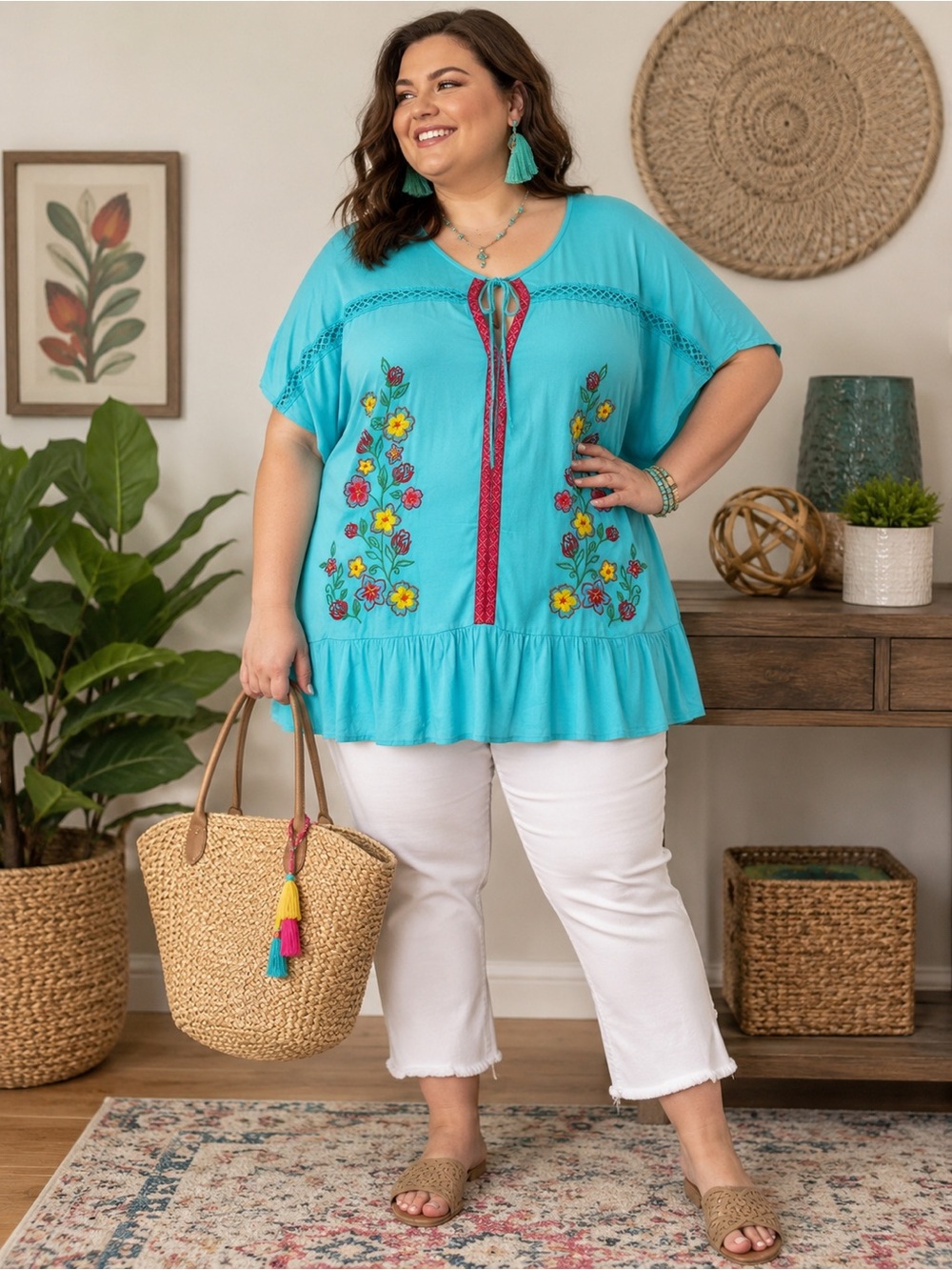 The Pioneer Woman Turquoise Embroidered Peasant Tunic